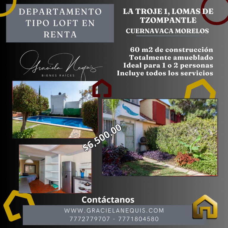 Departamento tipo Loft amueblado en Lomas Tzompantle, Cuernavaca; Morelos