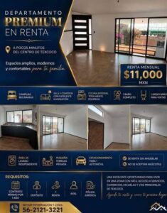 DEPARTAMENTO PREMIUM EN RENTA, 3 recamaras, centro Texcoco Edo Mex.