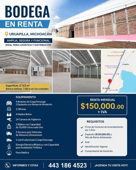 Renta de bodega Uruapilla Mich Superficie 2713m² Altura Mínima 7.50m en los costados