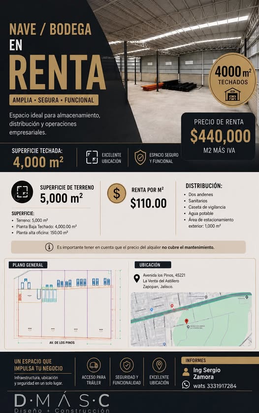 BODEGA EN RENTA 4,000 M2, en Zapopan, Jalisco