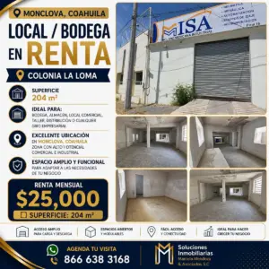 Bodega en Renta 204 M2 en La Loma, Monclova, Coahuila de Zaragoza