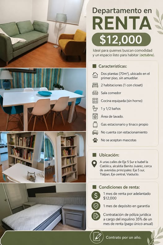Departamento en RENTA, 2 Rec, Benito Juarez CDMX