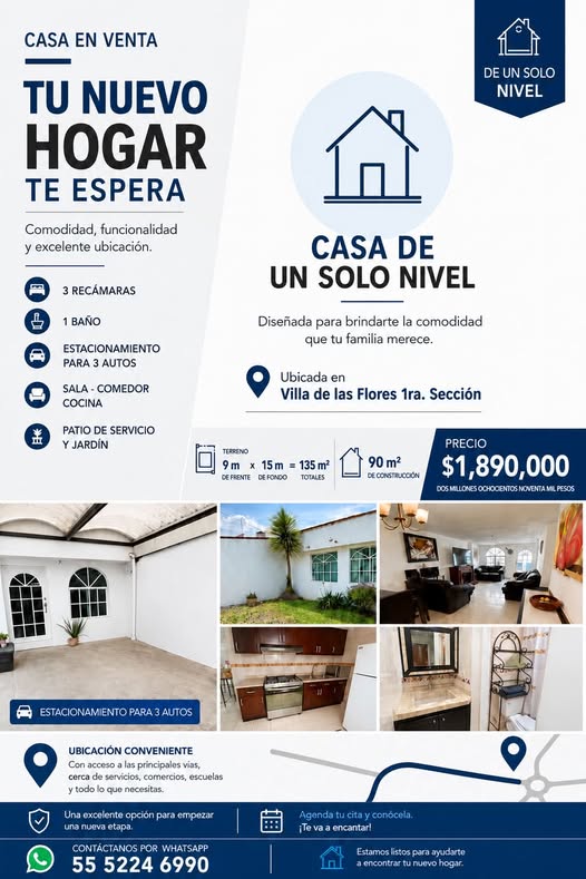 Casa en Venta 3 recamaras Villa de las Flores, Coacalco Edo Mex