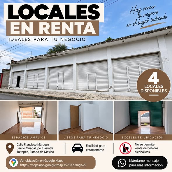 4 LOCALES EN RENTA EN Barrio Guadalupe Tlazintla, TULTEPEC Estado de Mexico