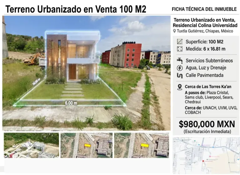 Terreno en Venta sup 100 M2 en Colina Universidad, Tuxtla Gutiérrez, Chiapas, México.
