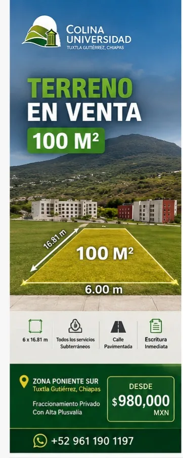 Terreno en Venta sup 100 M2 en Colina Universidad, Tuxtla Gutiérrez, Chiapas, México.